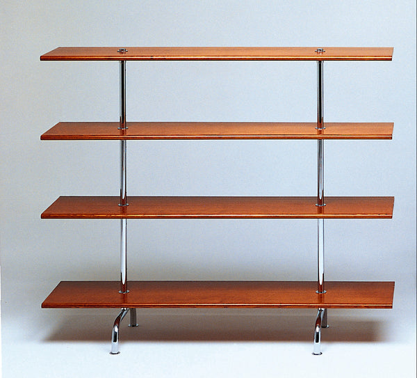 A Bauhaus bookcase with three wooden shelves and a metal frame.
