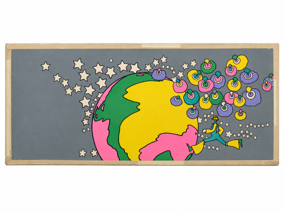 A framed abstract art print featuring a stylized colorful globe with stars and a small figure in a blue suit, set against a dark gray background with a light wood frame.